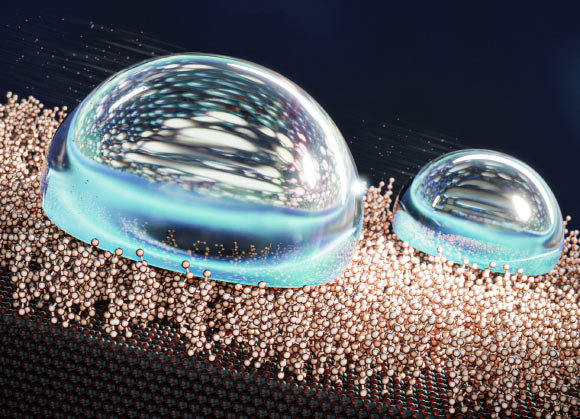 An artist’s depiction of the liquid-like layer of molecules repelling water droplets. Image credit: Ekaterina Osmekhina / Aalto University