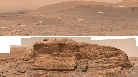 Bench-and-slope morphology pictured on Mars (top) and nose morphology from the ground at Mars Mont Mercou outcrop (bottom). Image credit: NASA / Caltech-JPL / MSSS.