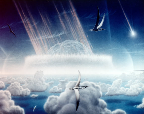 This painting depicts an asteroid slamming into tropical, shallow seas of the sulfur-rich Yucatan Peninsula in what is today southeast Mexico. The aftermath of this immense asteroid collision, which occurred approximately 65 million years ago, is believed to have caused the extinction of the dinosaurs and many other species on Earth. Shown in this painting are pterodactyls, flying reptiles with wingspans of up to 50 feet, gliding above low tropical clouds. Image credit: Donald E. Davis / NASA.